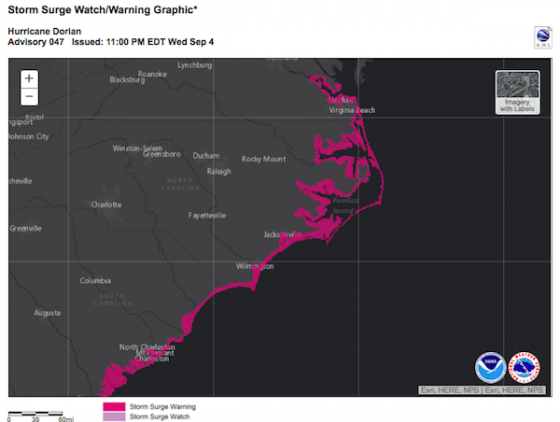 See that little ribbon of pink in the middle of the dark sea? That's the Outer Banks. All of Ocracoke is under a storm surge warning. 